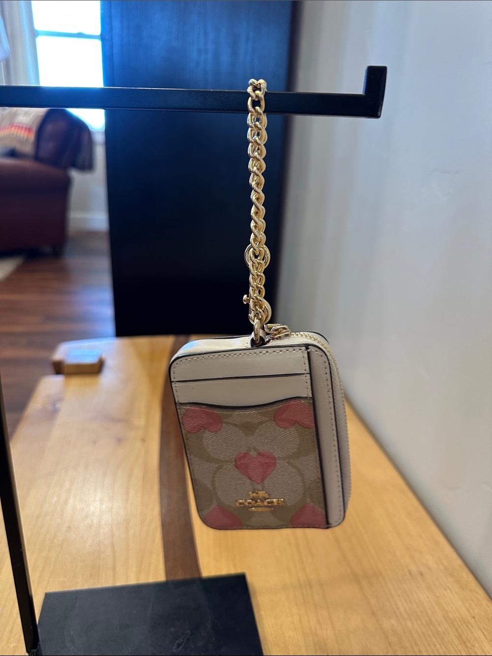 Coach Heart Print Zip Card Case Wristlet in Beige and Pink with Gold Chain
